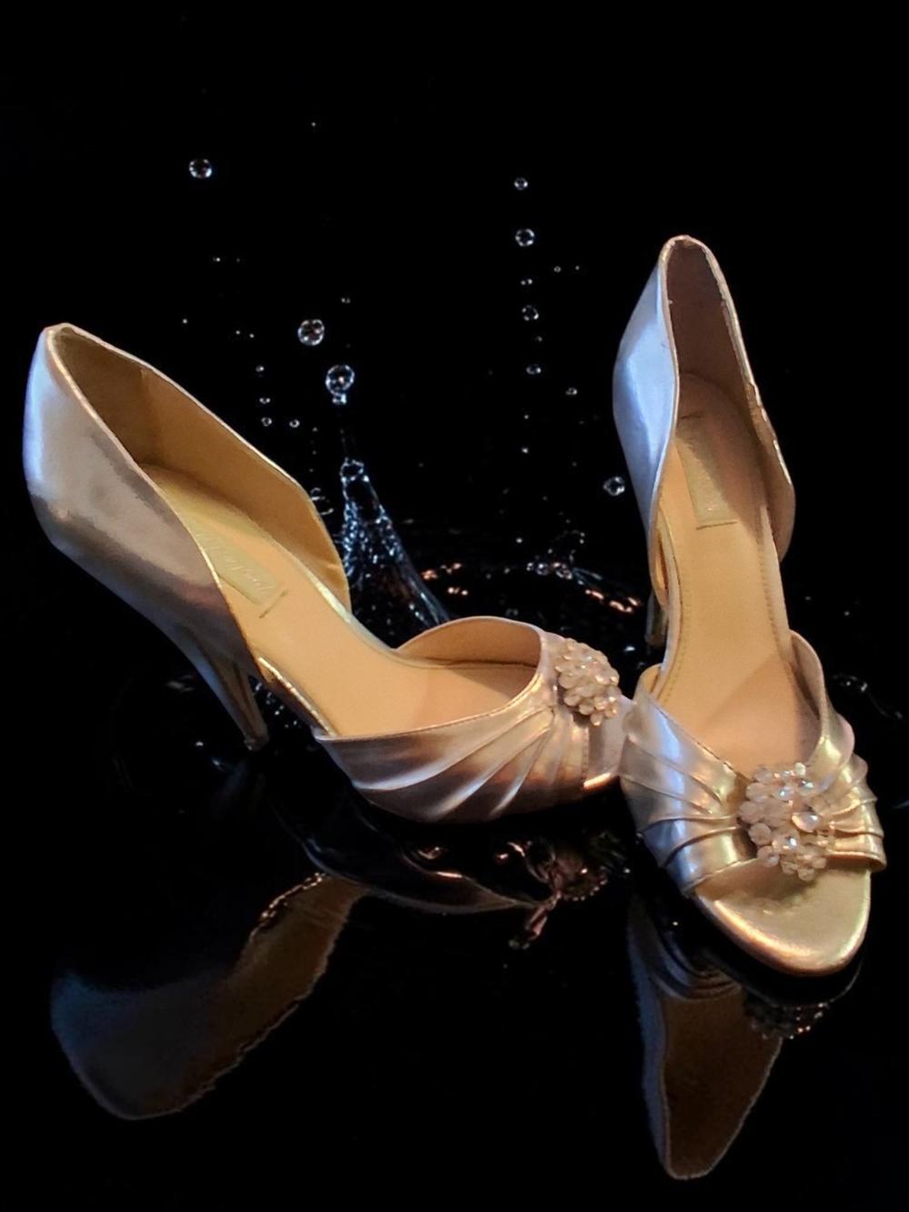 Badgley Mischka Silver Satin Peep-Toe Heels with Floral Jewel Accent Womens Shoe